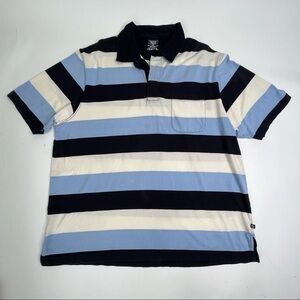 DENVER Hayes Navy Blue & Cream Wide Striped Pocket Collar Soft Short Sleeve Polo